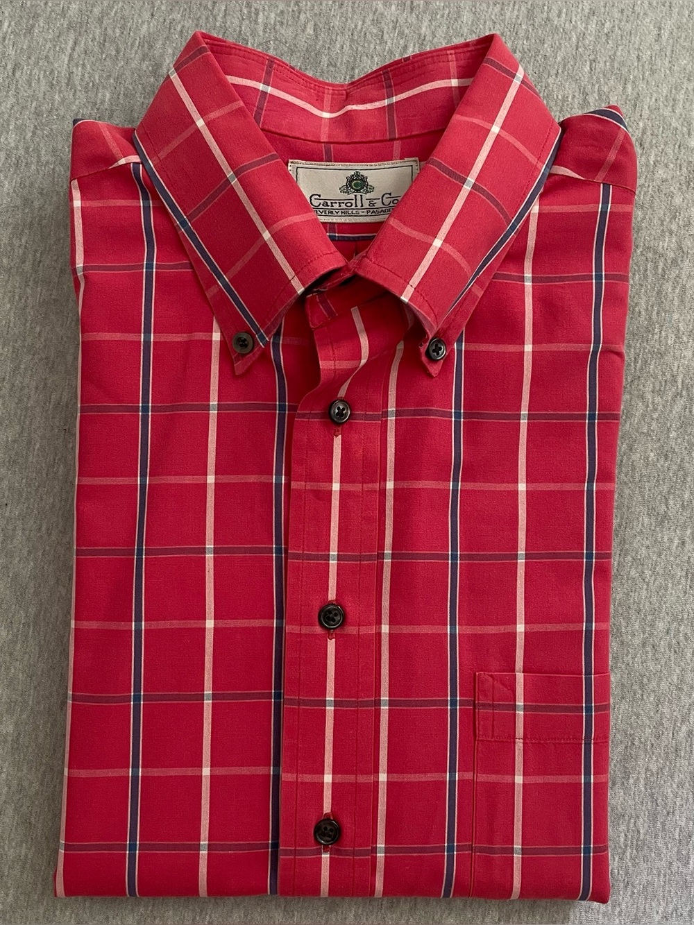 Carroll & Co Men’s Size Large Pink Plaid Short Sleeve Cotton Button-Down Shirt